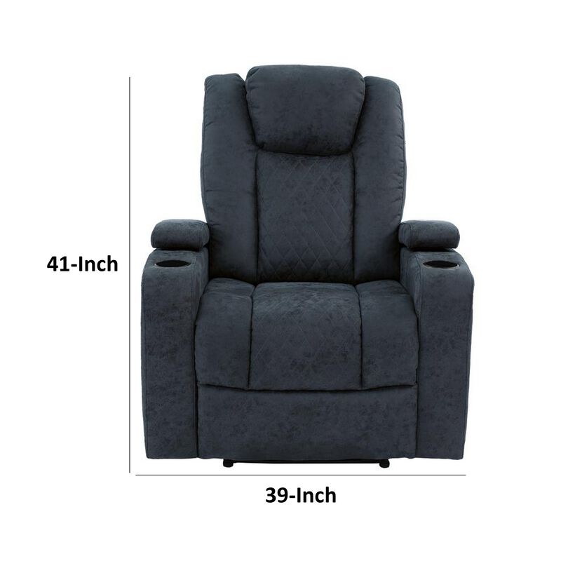 Kem 39 Inch Power Recliner Chair, Adjustable Headrest, Blue Faux Leather - Benzara