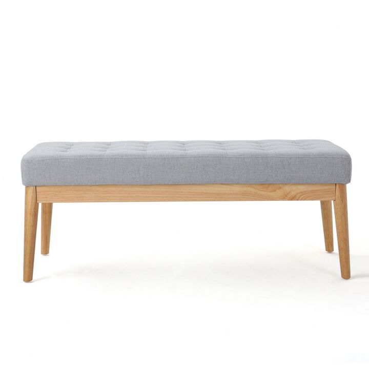 Gisa Ottoman Bench, Light Gray Fabric Tufted Seat, Brown Wood, 44 Inch -Benzara