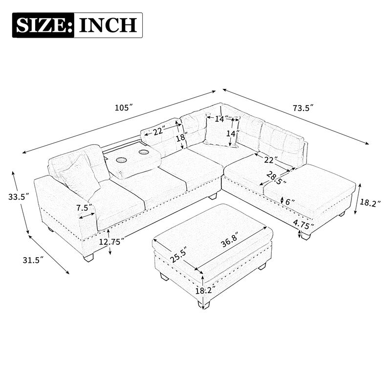 Merax Modern Sectional Sofa with Storage Ottoman