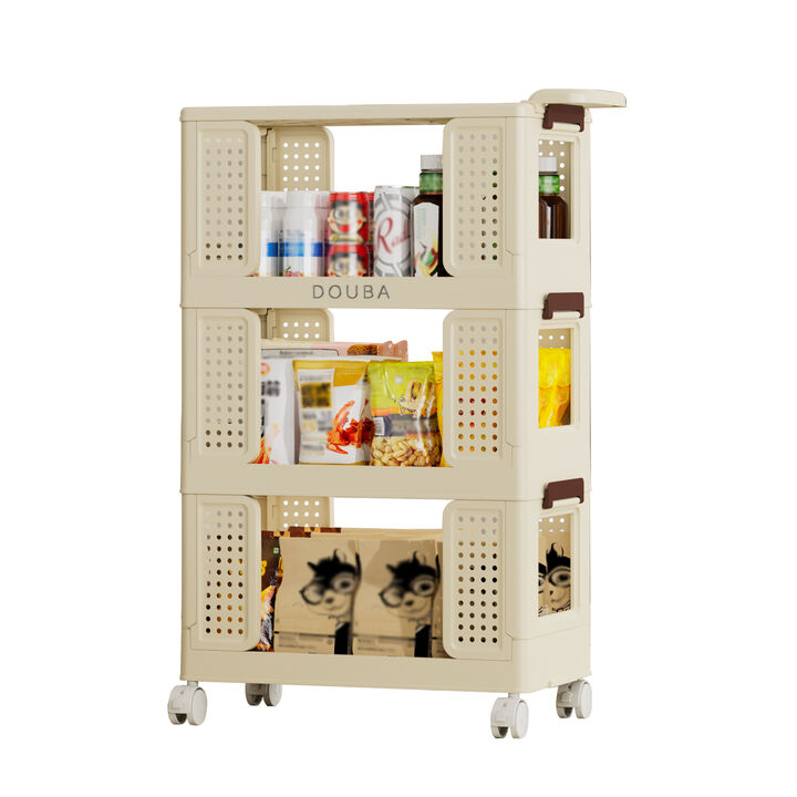 Kitchen Storage Cart with 3 Tiers, Lockable Wheels & Shelves for Laundry, Living Room & More