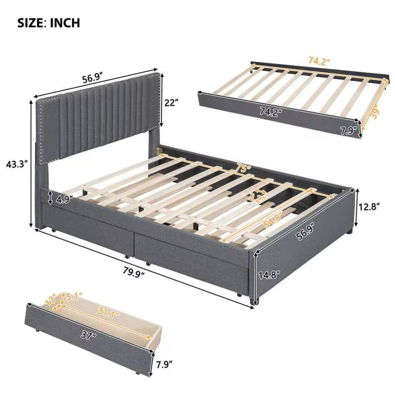 Full Size Upholstered Platform Bed With 2 Drawers And 1 Twin Size Trundle, Classic Headboard Design