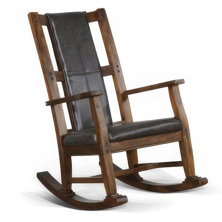 Jenne Rocking Chair, Faux Leather Seat and Back, Antique Dark Brown - Benzara