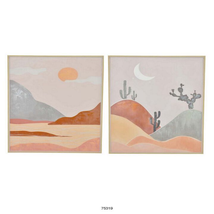 36 x 47 Decorative Framed Wall Art Print Set of 2, Day and Night, Brown - Benzara