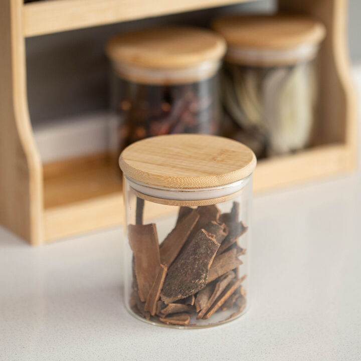 Basicwise Versatile 2-Tier Bamboo Spice Rack and Pantry Organizer with 7 Glass Jars – Perfect for Countertop Storage in Kitchens to Keep  Seasoning Containers Neatly Displayed and Easily Accessible