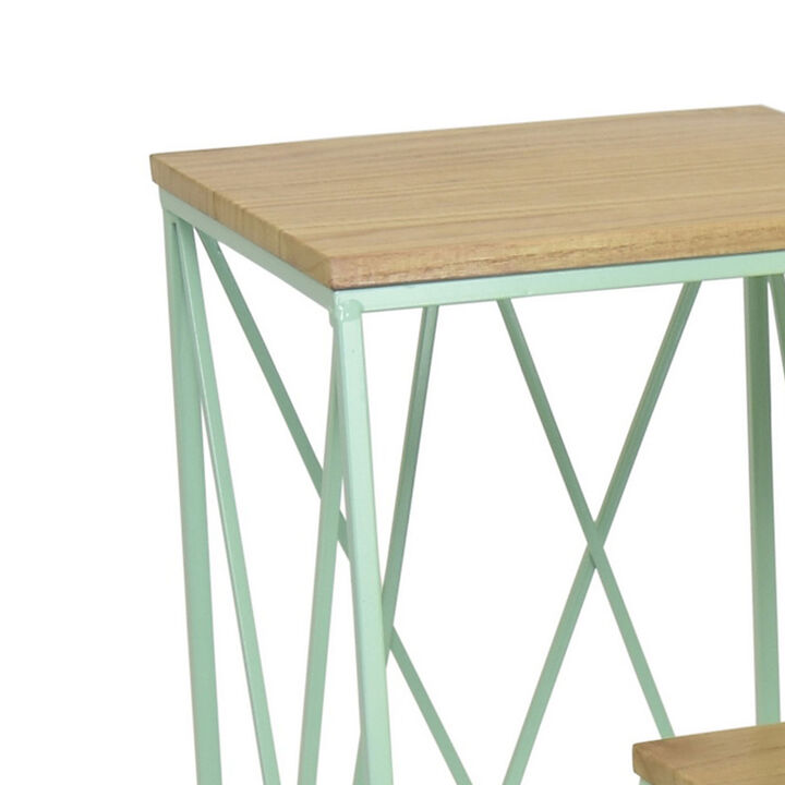 Mito 3pc Nesting Plant Stand Table, Brown Wood, X Cross Green Metal - Benzara