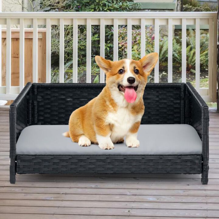 Hivvago Rattan Dog Bed with Waterproof Soft Cushion for Medium Small Dogs Cats-Gray