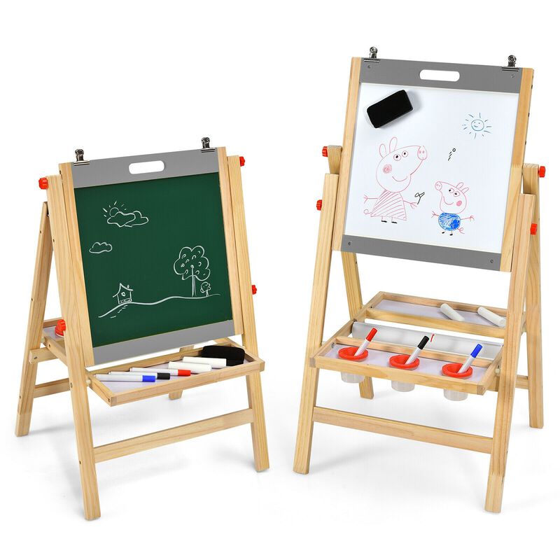 Kids Art Easel with Paper Roll Double Sided Chalkboard and Whiteboard-Grey