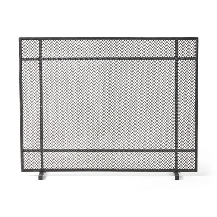 Hype Fireplace Screen with Mesh, Single Panel, Black and Silver - Benzara