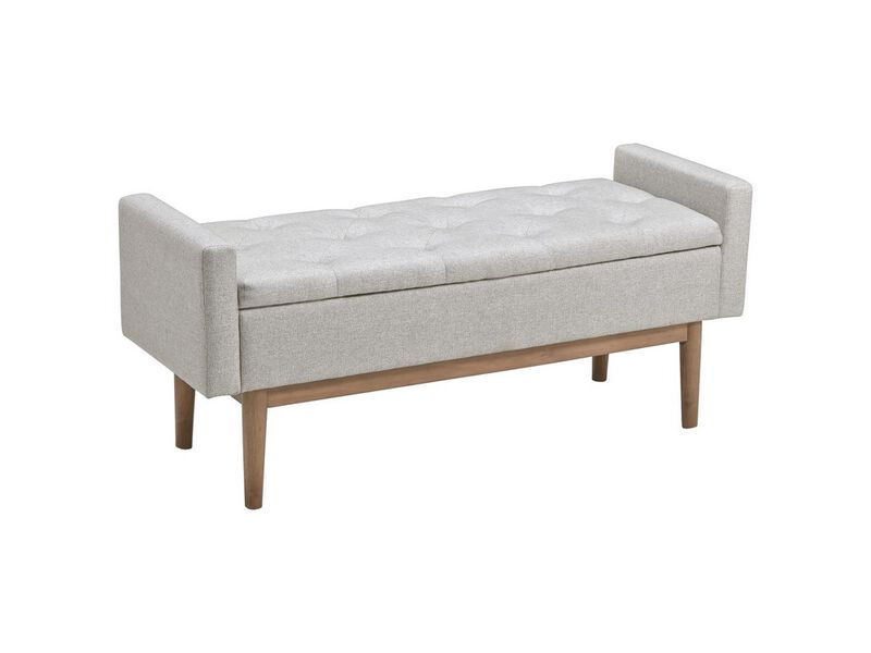 Tufted Fabric Storage Bench with Low Profile Elevated Arms, Light Gray - Benzara