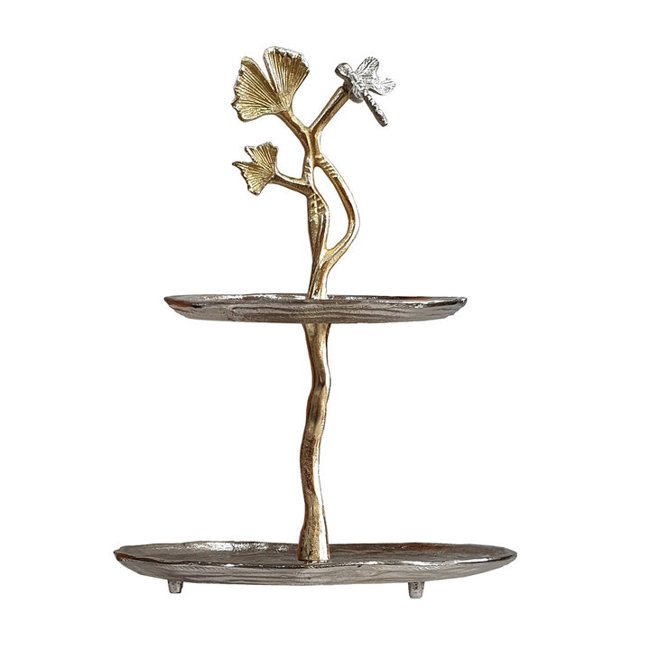 16 Inch Elegant Accent Table, 2 Tier Aluminum Cherry Blossom, Gold, Silver - Benzara