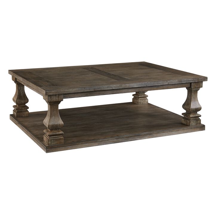 Classic 54 Inch Coffee Table, Baluster Legs, Spacious Top, Weathered Gray-Benzara