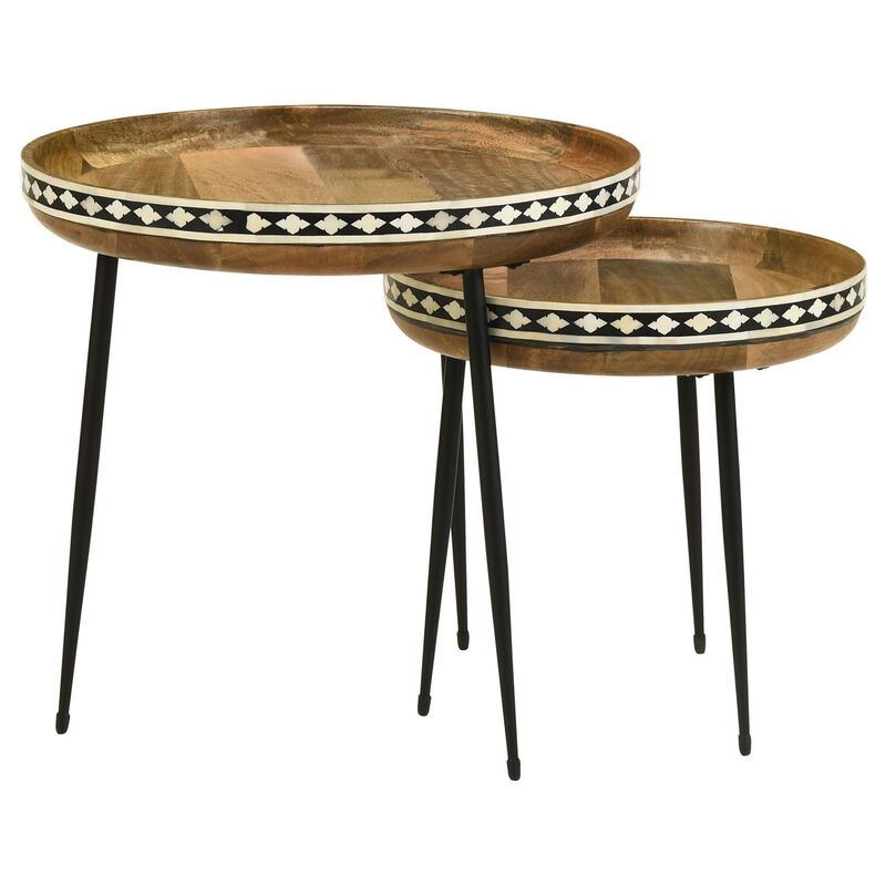 2 Piece Nesting Tables with Inlaid Bone Detail Design, Mango Wood, Brown - Benzara