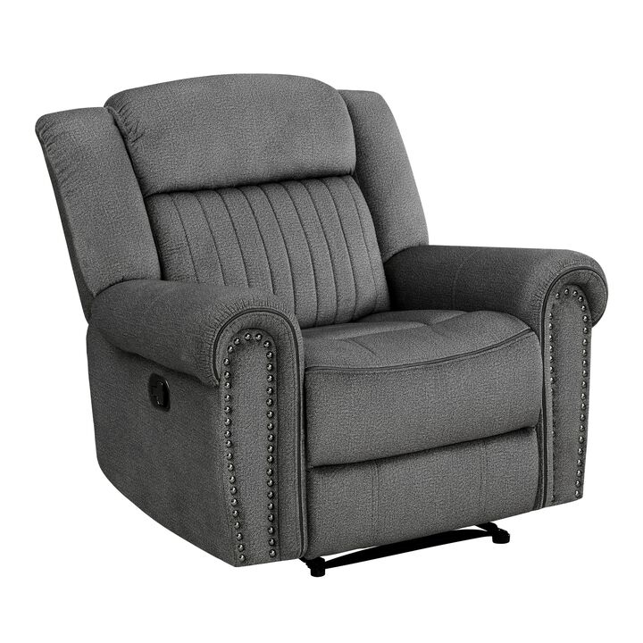 Ben 38 Inch Manual Recliner Chair, Gray Microfiber, Plush Foam, Solid Wood - Benzara