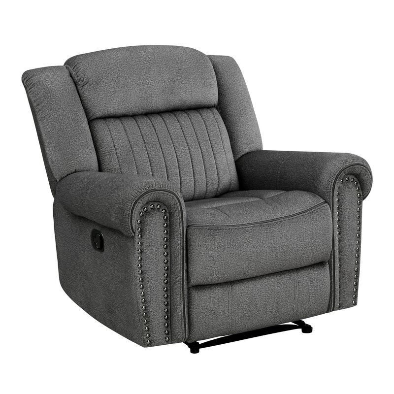Ben 38 Inch Manual Recliner Chair, Gray Microfiber, Plush Foam, Solid Wood - Benzara