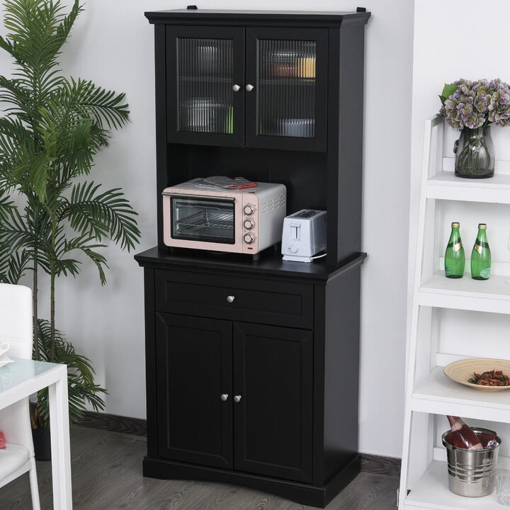 Black Kitchen Tower: 71" Freestanding Hutch Cabinet with Doors and Drawer