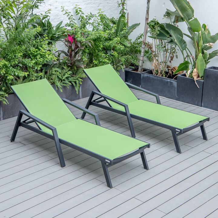 LeisureMod Marlin Patio Chaise Lounge Chairs with Armrests – Set of 2, Black Aluminum Frame & Dark Grey Cushion for Outdoor Relaxation