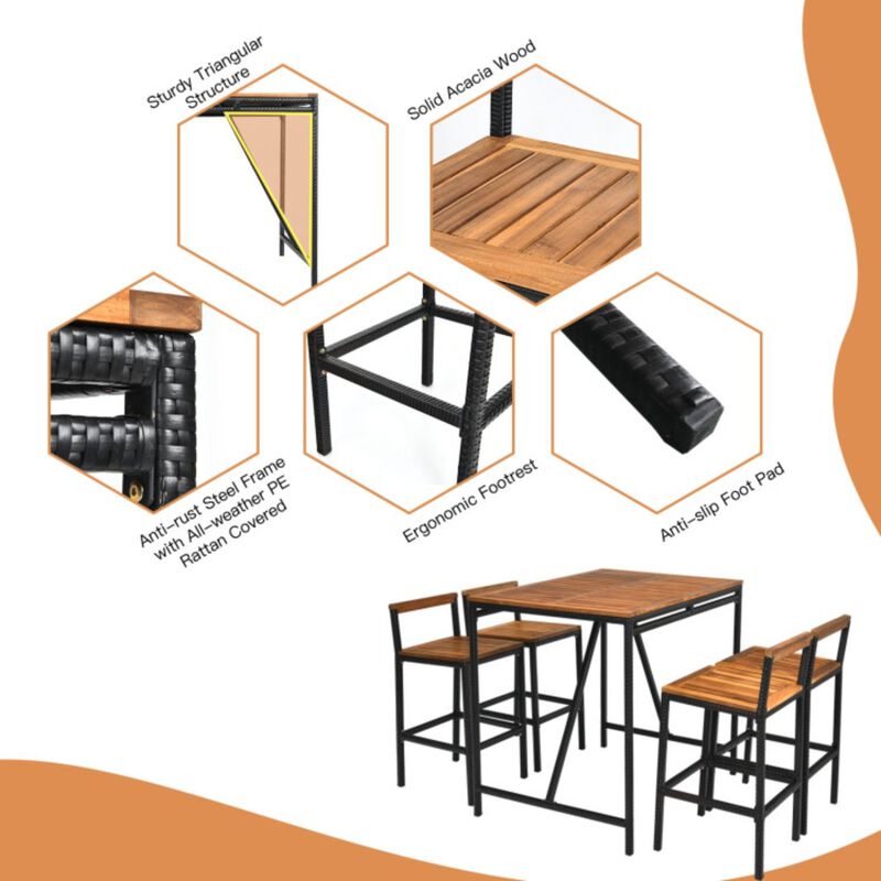 Hivvago 5 Pieces Outdoor Acacia Wood and PE Rattan Bar Set