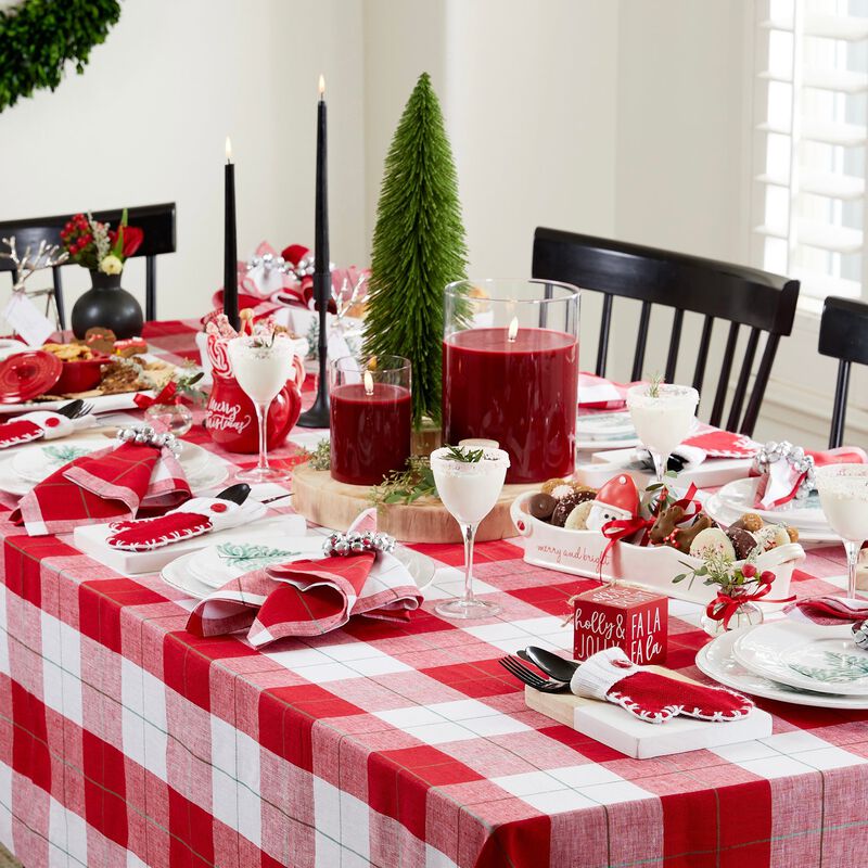 Solino Home 100% Pure Linen Table Throw 52 x 52 Inch | Very Merry Plaid for Thanksgiving, Christmas