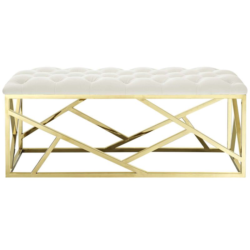 Modway Intersperse Tufted Modern Bench With Gold Stainless Steel Geometric Frame In Gold Ivory