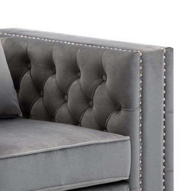 Joni 40 Inch Armchair, Chesterfield Design, Button Tufting, Gray Velvet-Benzara