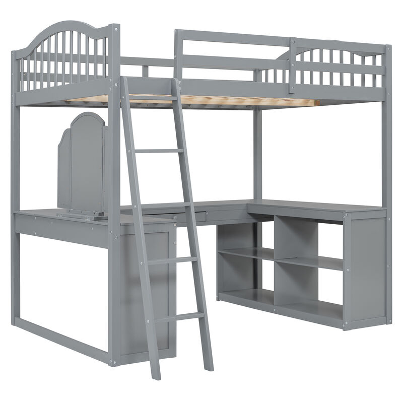 Merax Loft Bed with U-shaped Desk and Tri-fold Mirror