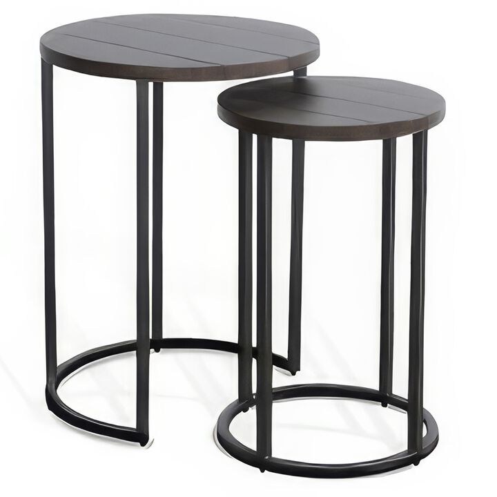 Flint 2 Piece Nesting Table Set, Dark Brown Mahogany, Black Metal Base - Benzara