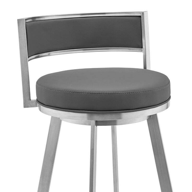 Roman  Gray Faux Leather and Brushed Stainless Steel Swivel Bar Stool