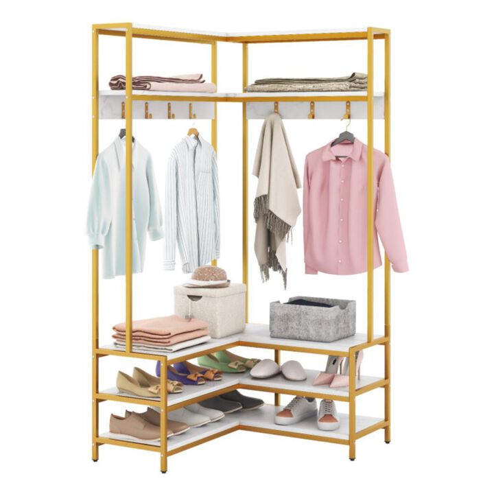 Hivvago Corner Garment Rack with Open Shelves and 7 Hooks Shoe Bench