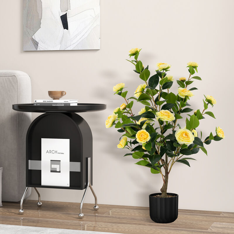 38 Inch Artificial Camellia Tree Faux Flower Plant in Cement Pot 2 Pack