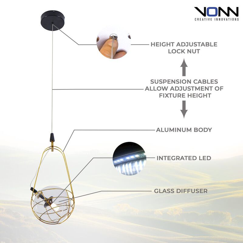 VONN Lighting Integrated LED Height Adjustable Pendant Light with Glass Shade in Antique Brass