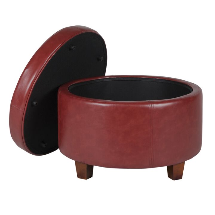Leatherette Upholstered Wooden Ottoman with Single Button Tufted Lift Top Storage, Red, Large - Benzara