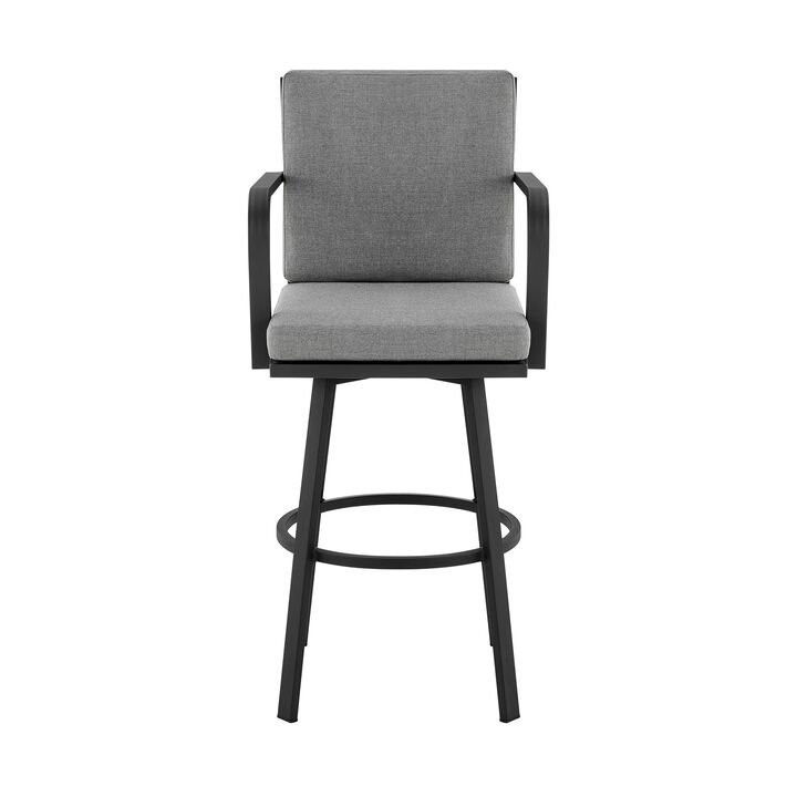 Faye 30 Inch Modern Patio Barstool, Black Aluminum Frame, Gray Cushions-Benzara