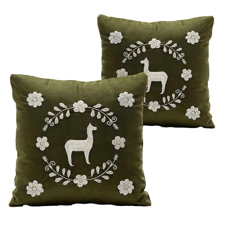 LLAMA Hand Embroidered Decorative Pillows in Olive Green Velvet by ANDEAN, Set of 2, In Stock