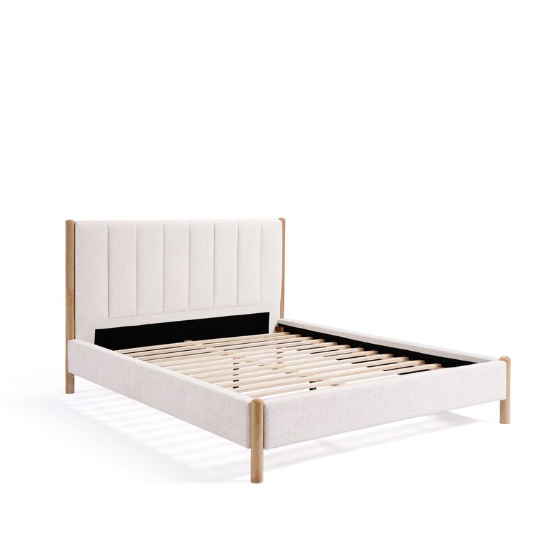 LuxenHome Vertical Rolls Upholstered Headboard with Rubberwood Legs Platform Bed, Queen