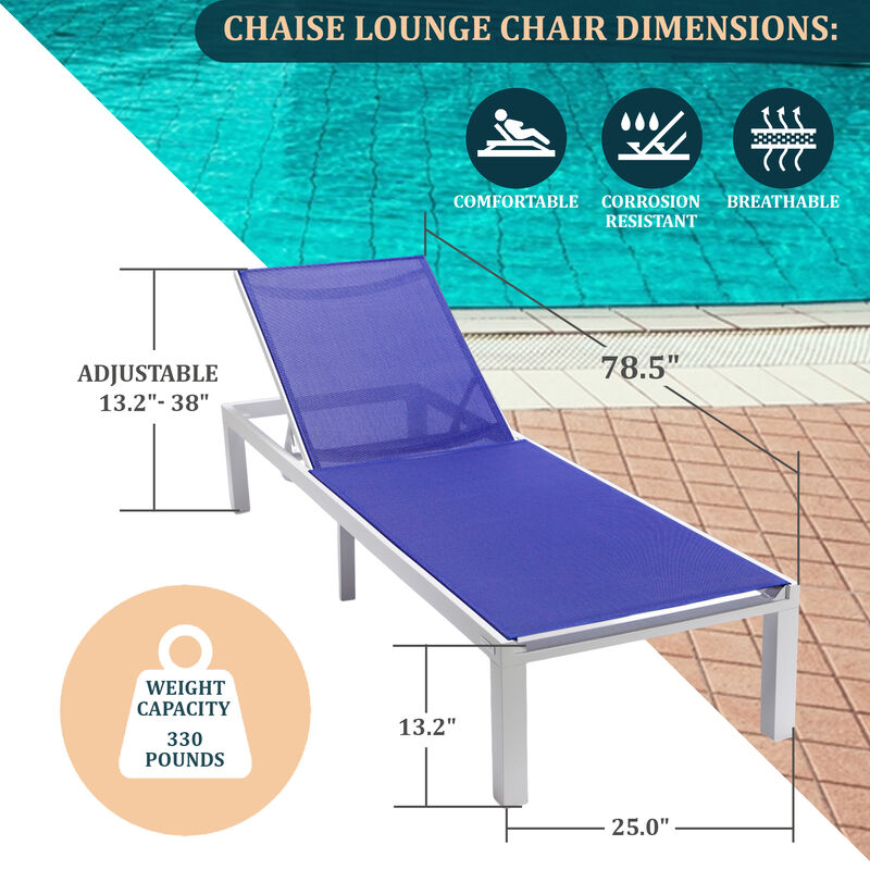 LeisureMod Marlin Modern Black Aluminum Outdoor Patio Chaise Lounge Chair in White Frame with Square Fire Pit Side Table