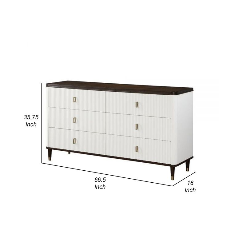 Benjara Aren 67 Inch Wide Dresser Chest, Jewelry Tray, 6 Drawers, Solid Wood, White and Brown