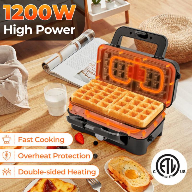 Hivvago 3-in-1 1200W Sandwich Maker with Removable Non-Stick Plates-Black
