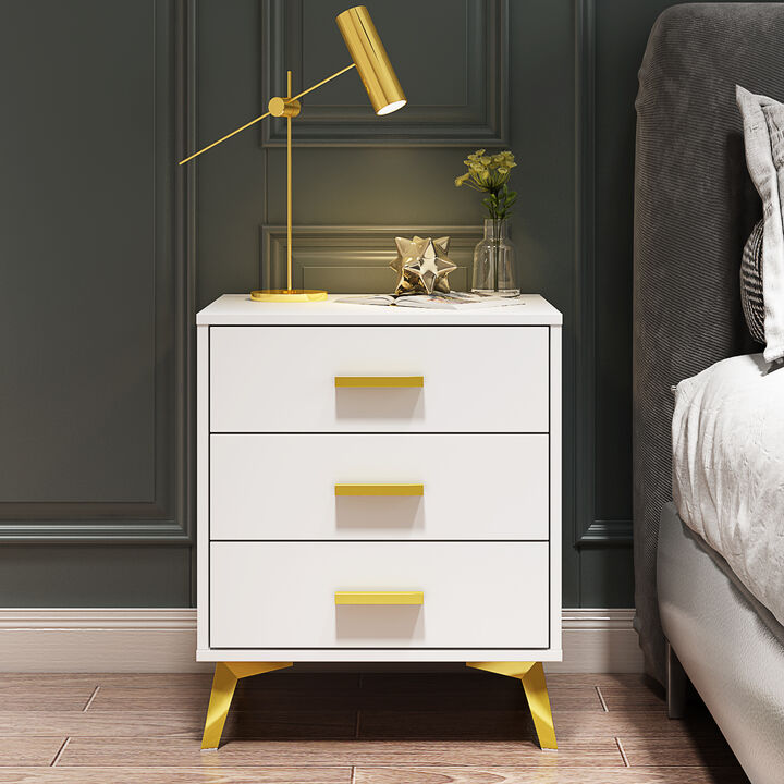 Modern Nightstand with 3 Storage Drawers & Gold Metal Legs, Minimalist and Versatile Bedside Table Sofa End Side Table, White (19.7" W x 15.7" D x 23.6" H)
