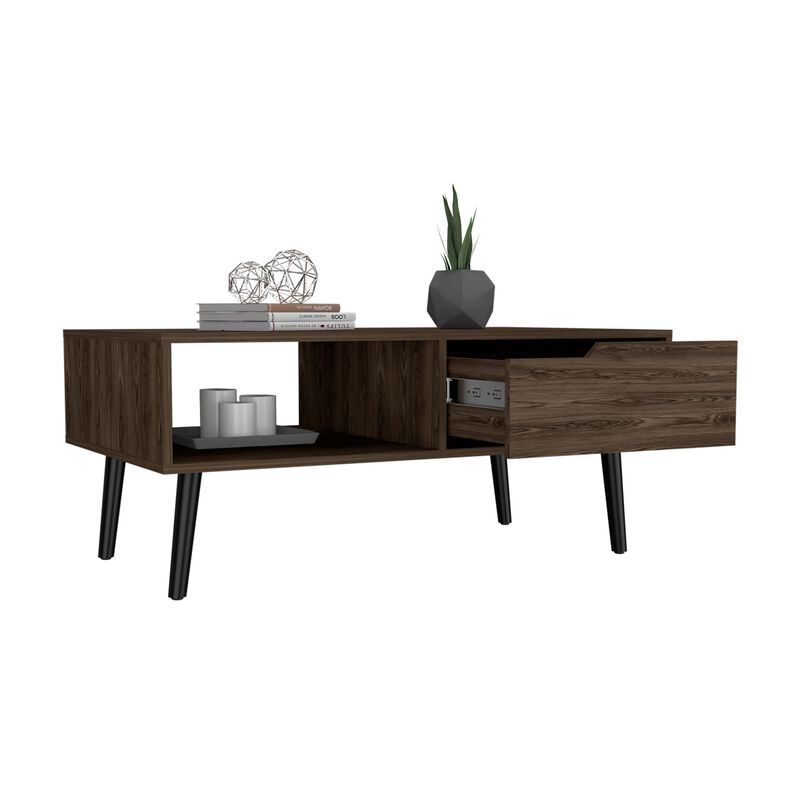 Oslo Coffee Table, One Drawer, One Open Shelf, Four Legs -Dark Walnut