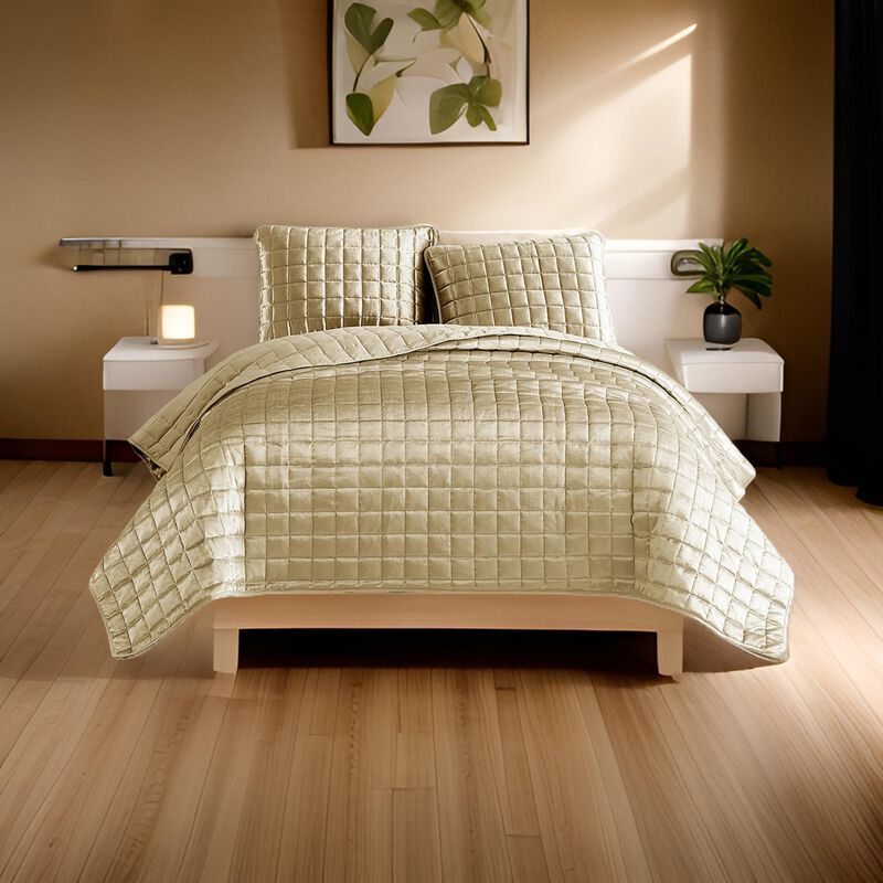 3 Piece Queen Size Coverlet Set with Stitched Square Pattern, Gold-Benzara