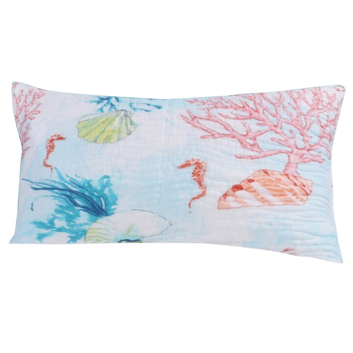 Twin Size 2 Piece Polyester Quilt Set with Coral Prints, Multicolor-Benzara