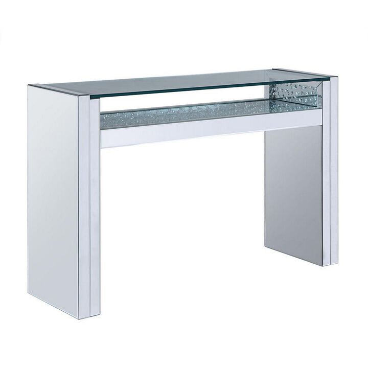 Wood and Mirror Sofa Table with Studded Faux Crystals, Clear-Benzara