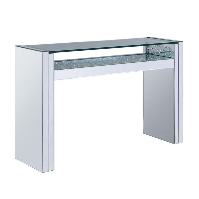 Wood and Mirror Sofa Table with Studded Faux Crystals, Clear-Benzara