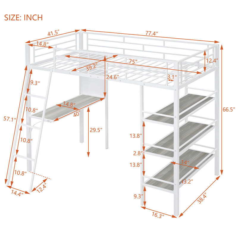 Merax Metal Loft  Bed with  Desk and 3 Layers of Shelves