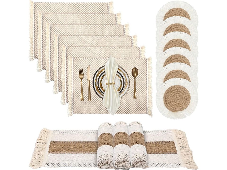 Tatuo Boho Macrame Table Runner Placemat and Coaster Set of 13