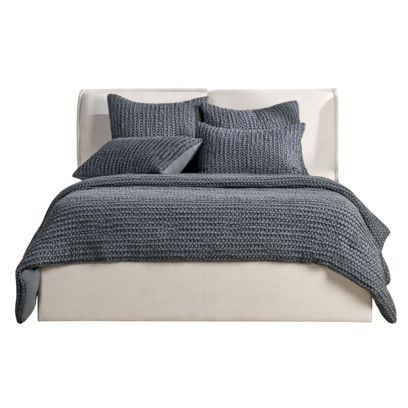 Cae Queen Size Quilt, Marina Blue Cotton Extra Soft Belgian Flax Linen - Benzara