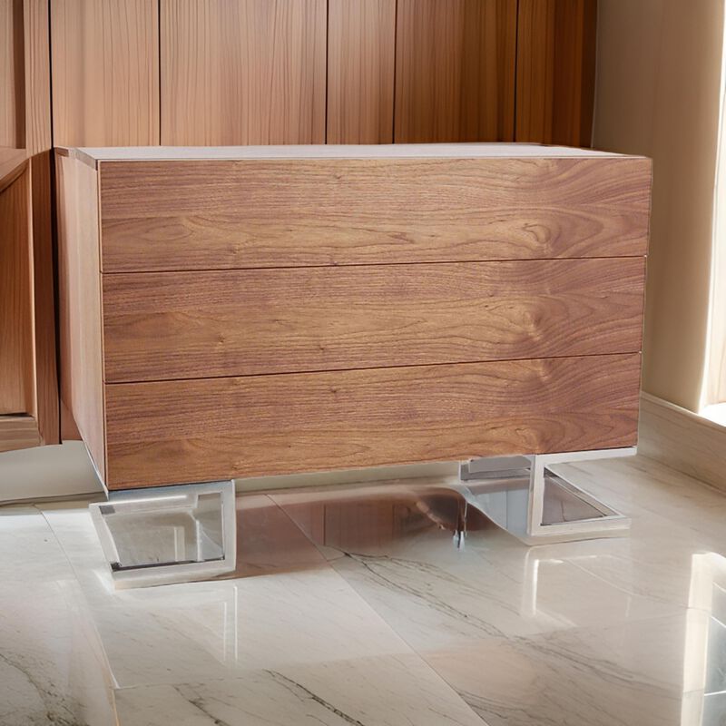 Sam 39 Inch Dresser, 3 Drawers, Sleek Chrome Steel Legs, Walnut Brown Wood - Benzara