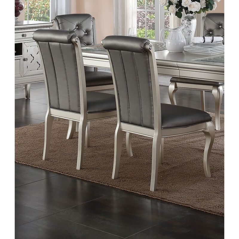 Antique Silver Wooden Dining Chairs with Grey Faux Leather