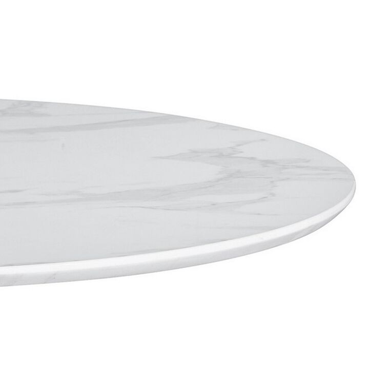 Loxi 30 Inch Round Dining Table, White Faux Marble Top, Tulip Accent Body - Benzara