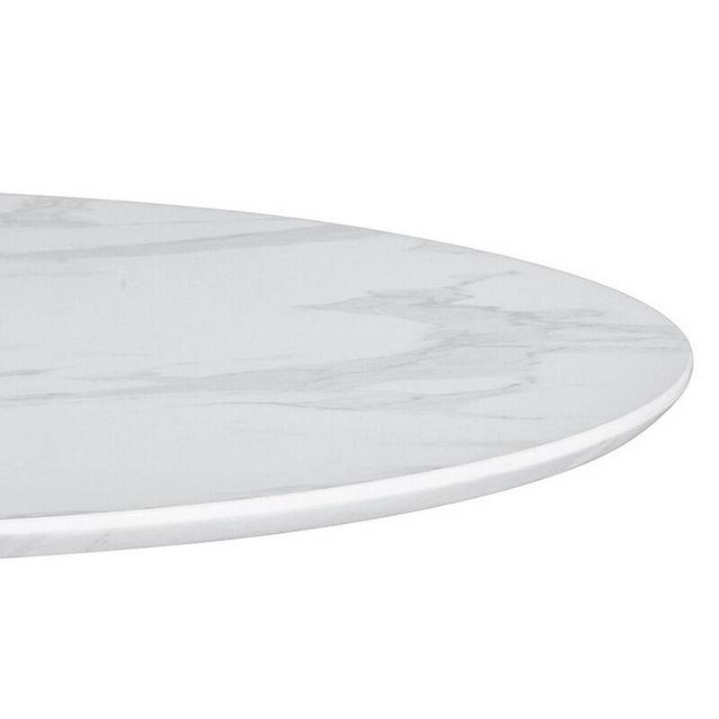 Loxi 30 Inch Round Dining Table, White Faux Marble Top, Tulip Accent Body - Benzara